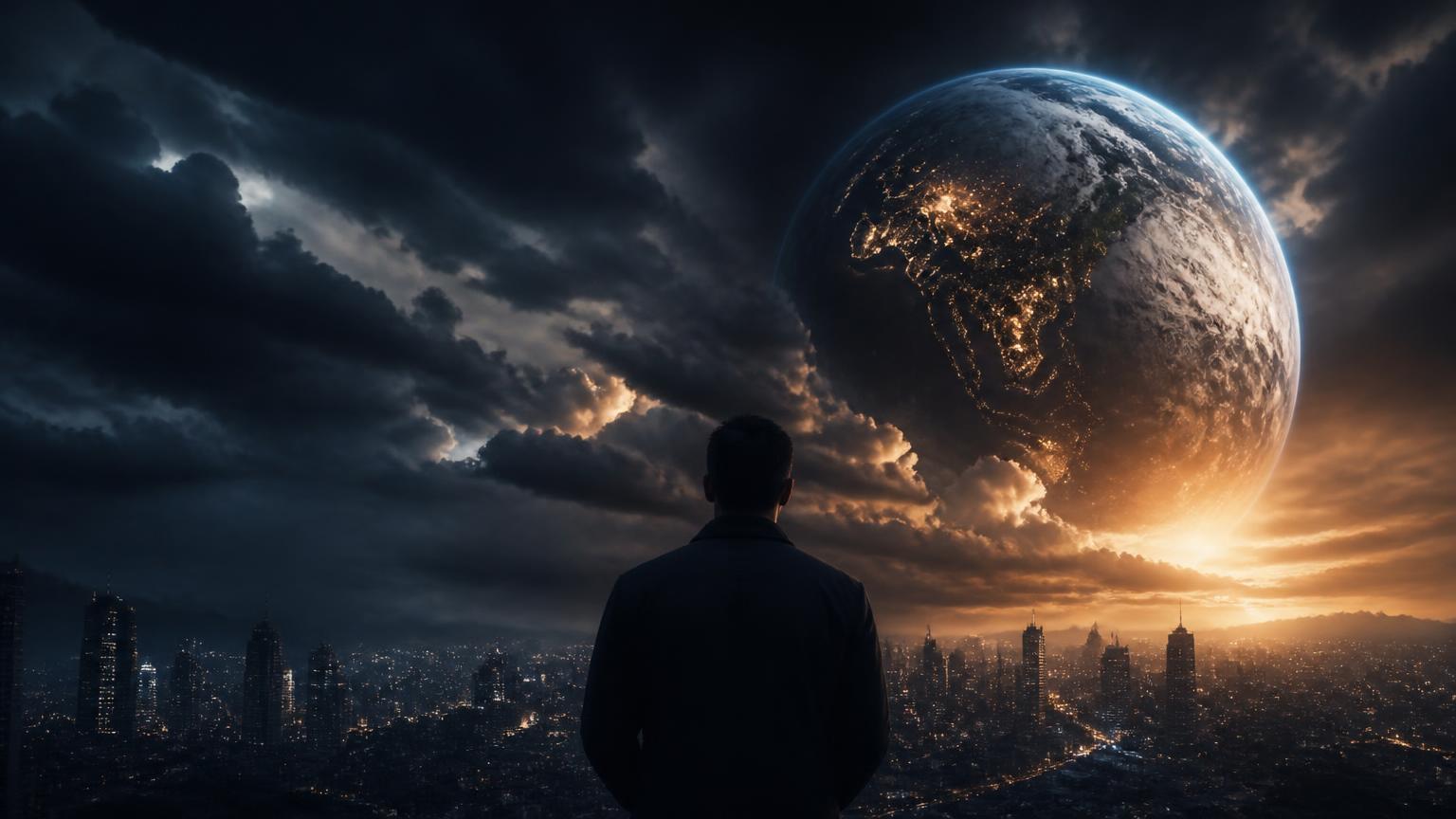 Silhueta de homem observando o céu sobre uma cidade